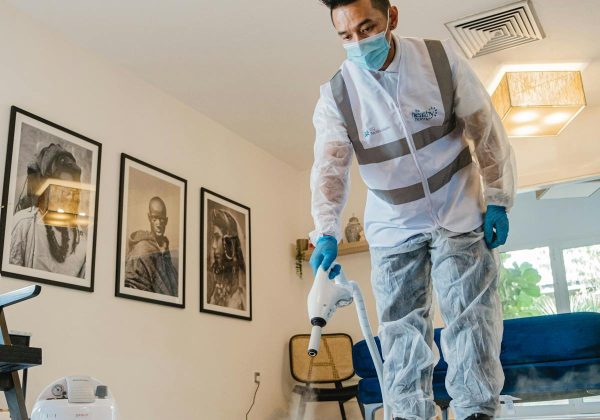 Professional steam cleaning a carpet indoors